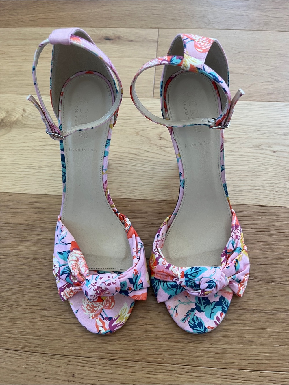 J Crew Collection Floral Pink Ankle-Strap Heels with Knot Detail